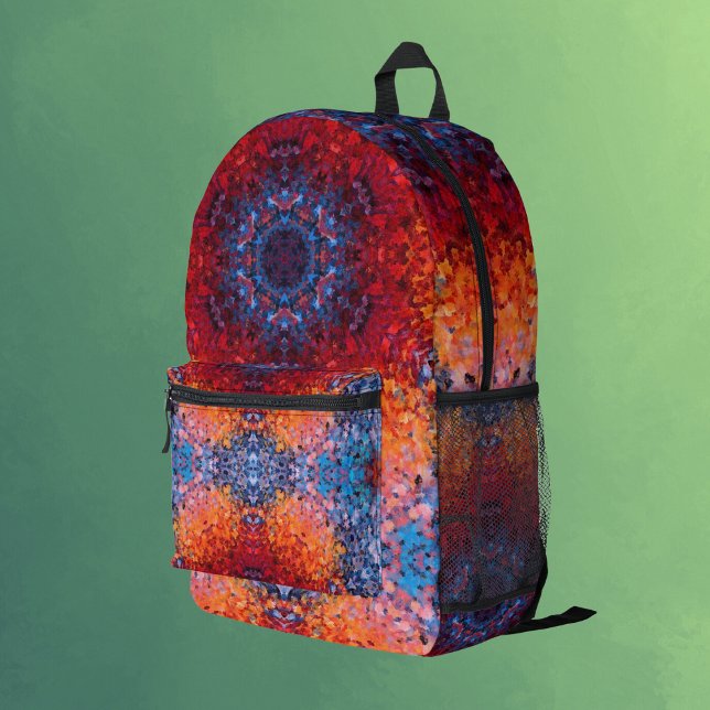Digital Mandala Red Orange and Blue Printed Backpack (Creator Uploaded)
