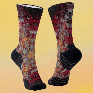 Digital Mandala Red White Orange and Black Socks
