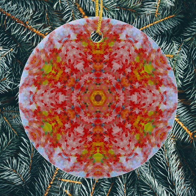 Digital Mandala Red Yellow and Blue Ceramic Tree Decoration (Red Yellow and Blue Digital Paint Mandala Ornament by Wormhole Orbital)