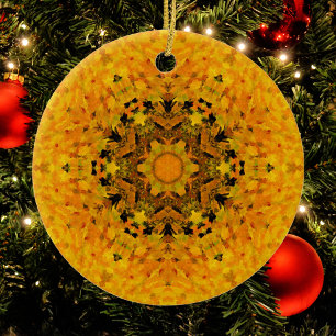 Digital Mandala Yellow and Black Ceramic Tree Decoration