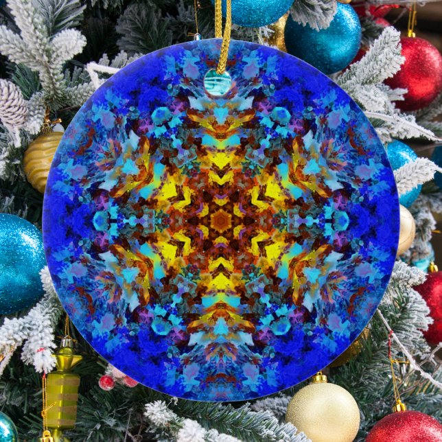 Digital Mandala Yellow and Blue Ceramic Tree Decoration (Creator Uploaded)