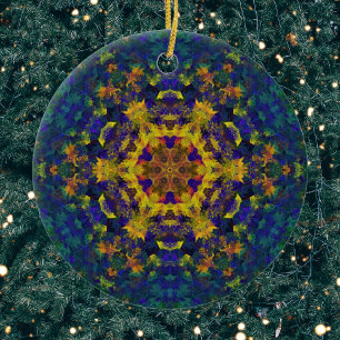 Digital Mandala Yellow Blue and Green Ceramic Tree Decoration