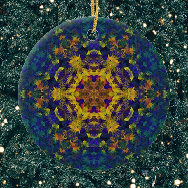 Digital Mandala Yellow Blue and Green Ceramic Tree Decoration (Yellow Blue and Green Digital Paint Mandala Ornament by Wormhole Orbital)