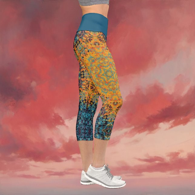 Digital Mandala Yellow Blue and Red Capri Leggings (Yellow Blue and Red Digital Mandala Leggings by Wormhole Orbital)