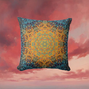 Digital Mandala Yellow Blue and Red Cushion