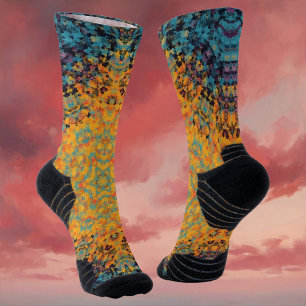Digital Mandala Yellow Blue and Red Socks