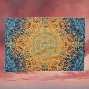 Digital Mandala Yellow Blue and Red Tea Towel
