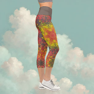 Digital Mandala Yellow Red and Black Capri Leggings