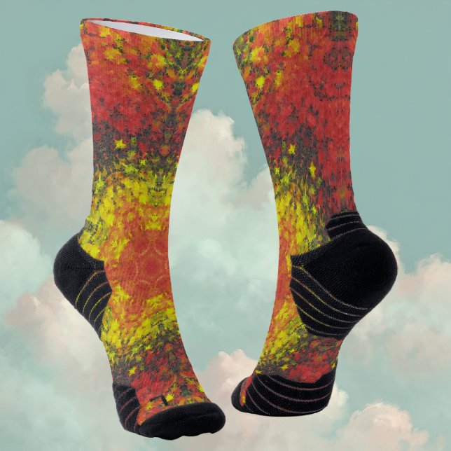 Digital Mandala Yellow Red and Black Socks (Yellow and Red Digital Paint Mandala Socks By Wormhole Orbital)