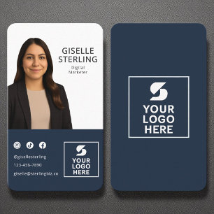 Digital Marketer Navy Blue Photo Logo Portrait Business Card