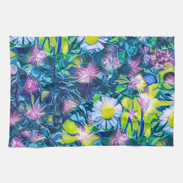 Digital Nature Floral, Daisy  Blues Tea Towel (Horizontal)