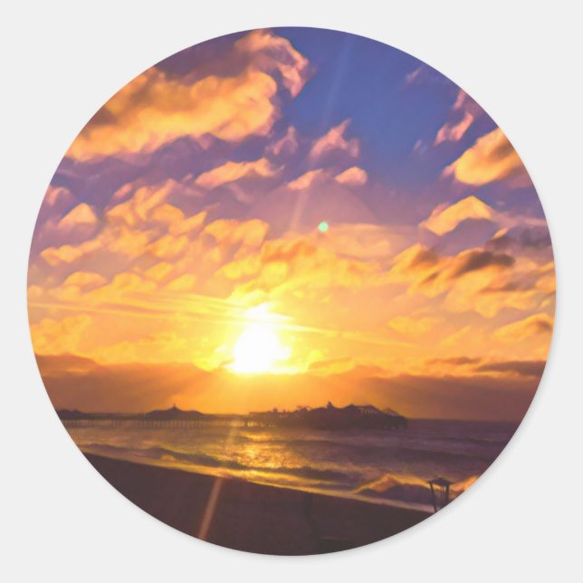 Digital Painting - Amazing Sunrise over the Pier Classic Round Sticker (Front)