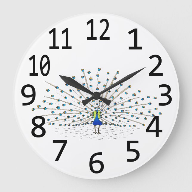 Digital Painting Blue Peacock Large Black Numbers Clock (Front)