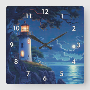 Digital Painting of a Lighthouse in the Moonlight Square Wall Clock