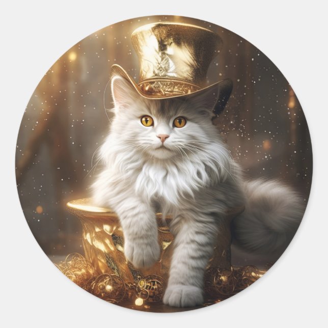 Digital painting of funny  cat  classic round sticker (Front)