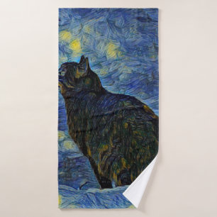 Digital painting Shambhala cat in Vincent Van Gogh Bath Towel