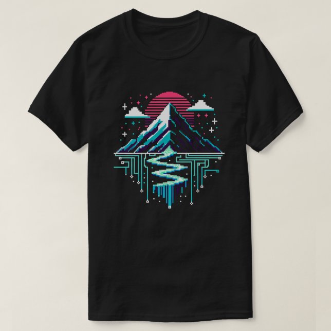 Digital Peaks Neon 8-Bit Mountainscape Cyber River T-Shirt (Design Front)