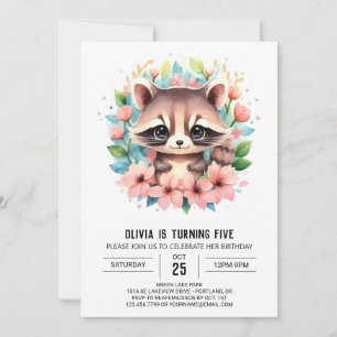 Digital Pink Racoon Girl Birthday Invitation