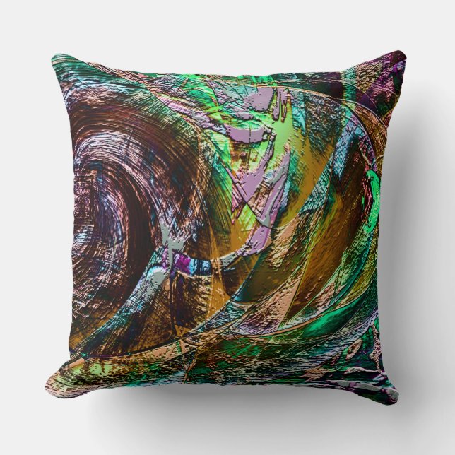 Digital ruins texture on green to copper gradient cushion (Front)