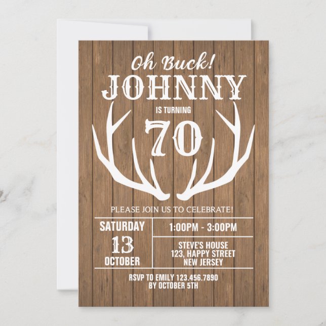 Digital Rustic Deer Birthday Invitation. Oh Buck! Invitation (Front)