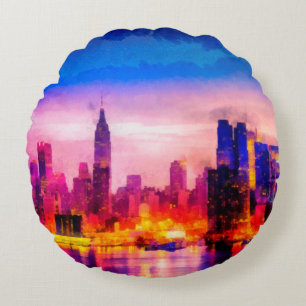 Digital structure of painting. Night cityscapecity Round Cushion