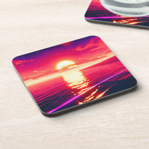 Digital Synthwave Sunset Sea Reflection Coaster