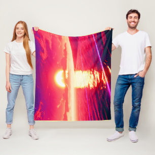 Digital Synthwave Sunset Sea Reflection Fleece Blanket