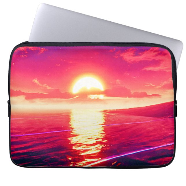 Digital Synthwave Sunset Sea Reflection Laptop Sleeve (Front)