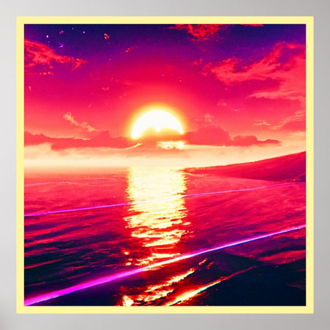 Digital Synthwave Sunset Sea Reflection Poster (Front)