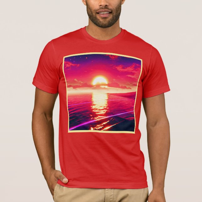 Digital Synthwave Sunset Sea Reflection T-Shirt (Front)