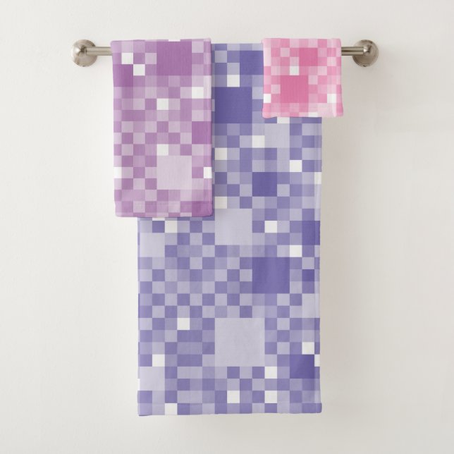 Digital Violet Pixelated Little Squares Bath Towel Set (Insitu)