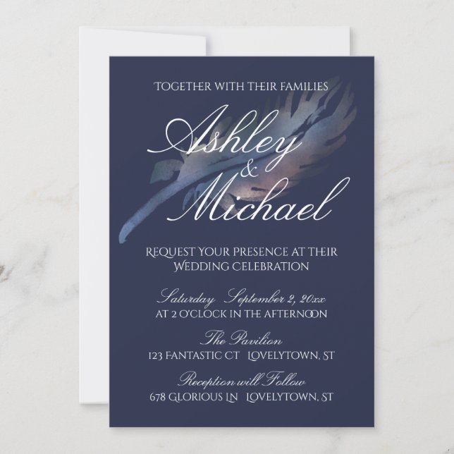 Digital Watercolor Feather on Navy Wedding Invitation (Front)