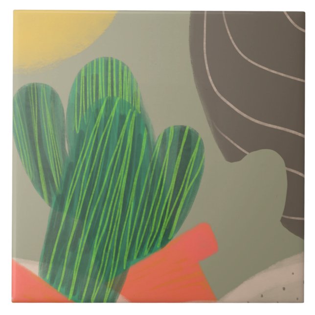 Digital Watercolor Organic Cactus Sinking Desert Tile (Front)