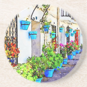 Digital watercolour of street in Mijas Pueblo Coaster