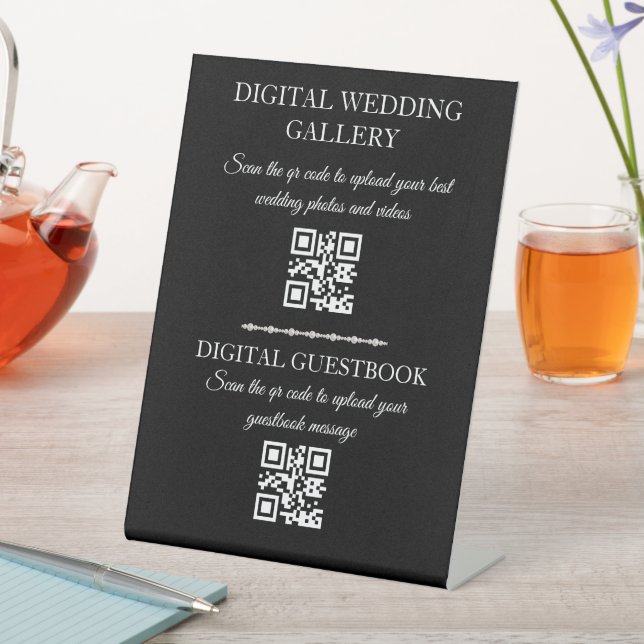  digital wedding gallery & guestbook qr code black pedestal sign (In SItu)