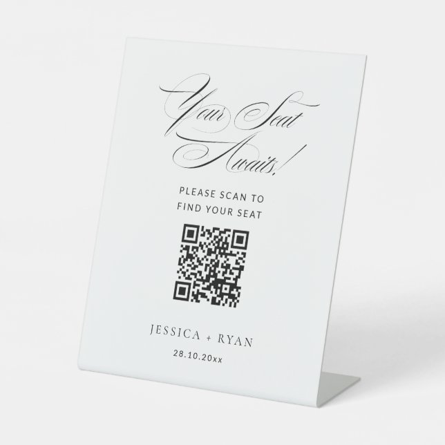 Digital Wedding Script Seating Chart with QR Code Pedestal Sign (Front)