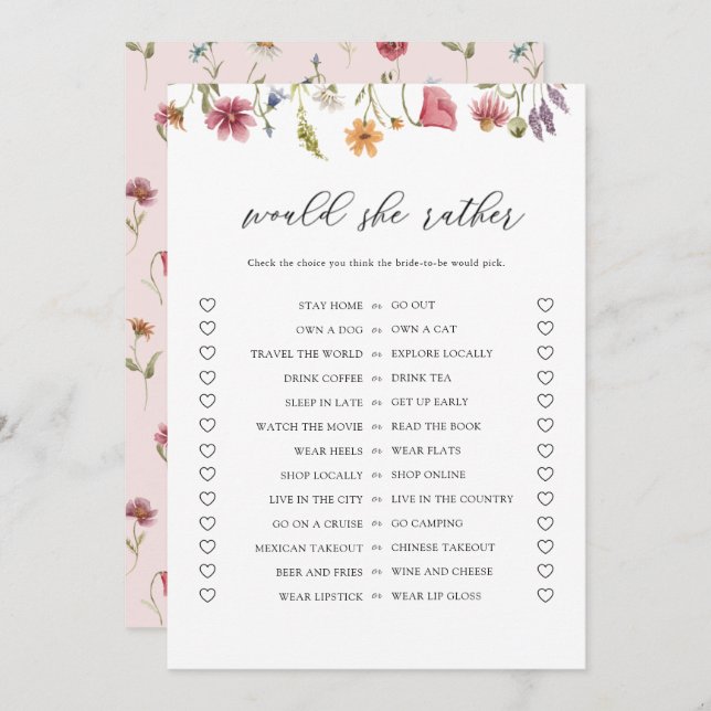 Digital Wildflower Would She Rather Bridal Shower Invitation (Front/Back)
