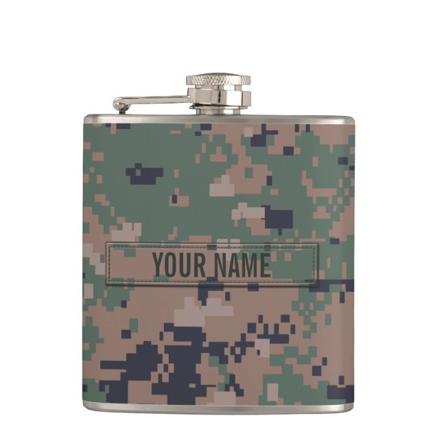Digital Woodland Camouflage Customisable Hip Flask (Front)