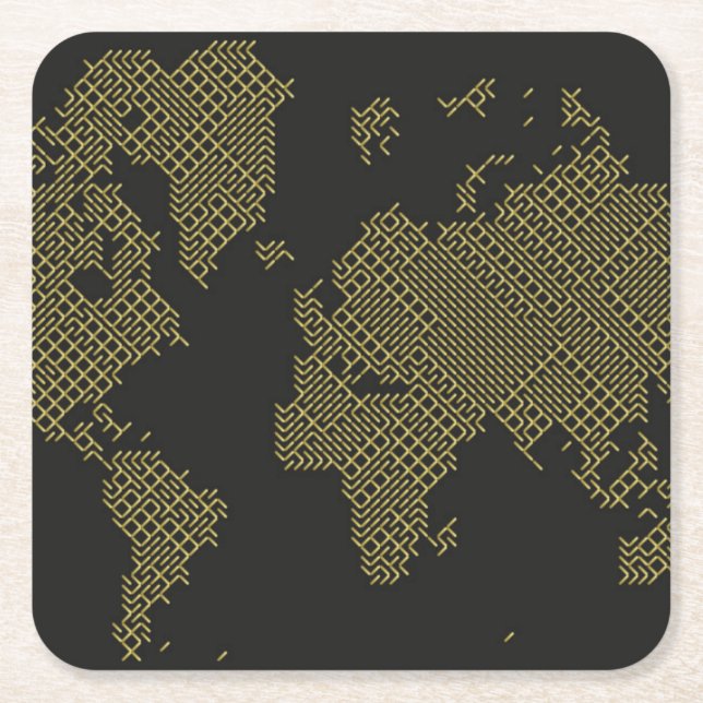 Digital World Map Square Paper Coaster (Front)