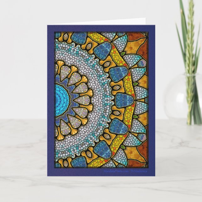 Digital yellow and blue mandala holiday card (Front)