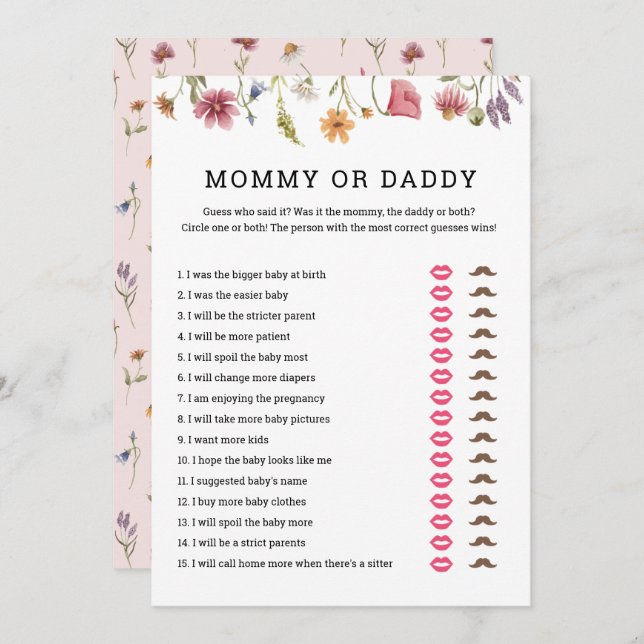 DigitalWildflower Baby Shower Mummy or Daddy Game  Invitation (Front/Back)
