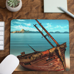 Dilapidated Boat on an Abandoned Sandy Beach Mouse Mat