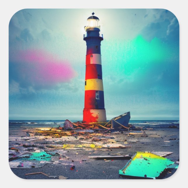 Dilapidated Lighthouse in Colourful Wreckage Square Sticker (Front)