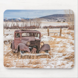 Dilapidated Old Vehicle, Winter, Rural, Mountains Mouse Mat