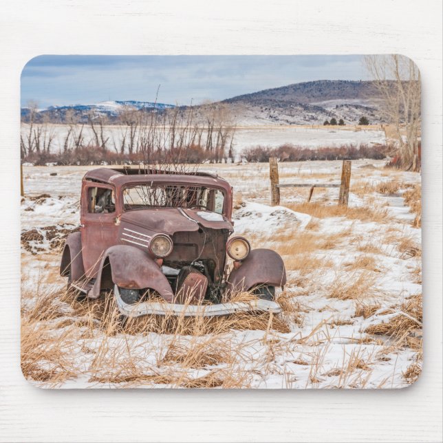 Dilapidated Old Vehicle, Winter, Rural, Mountains Mouse Mat (Front)