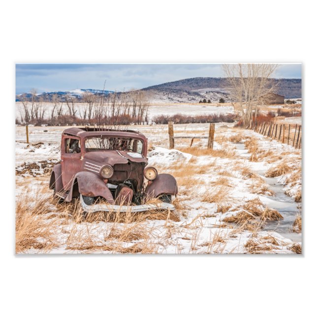 Dilapidated Old Vehicle, Winter, Rural, Mountains Photo Print (Front)