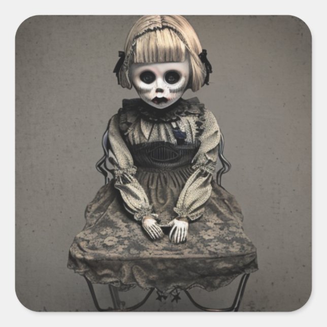 Dilapidated Old Vintage Scary Doll Halloween Square Sticker (Front)
