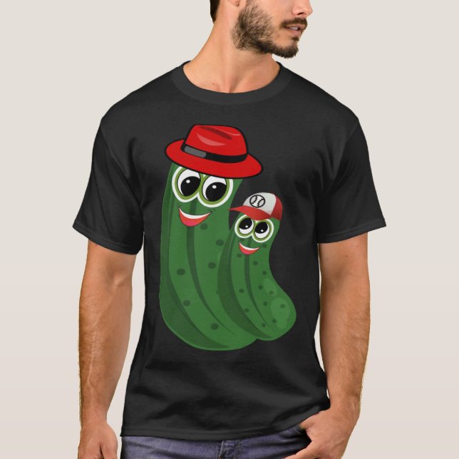 Dill Pickle Dad and Son Wearing Hats T-Shirt (Front)