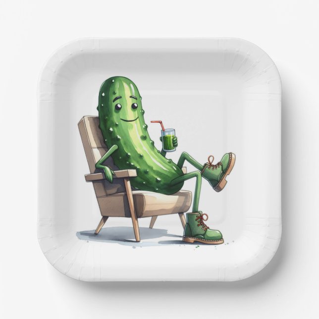 Dill Pickle Relaxing In a Chair Paper Plate (Front)