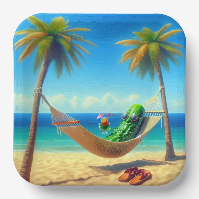 Dill Pickle With Cocktail In a Hammock Paper Plate (Front)